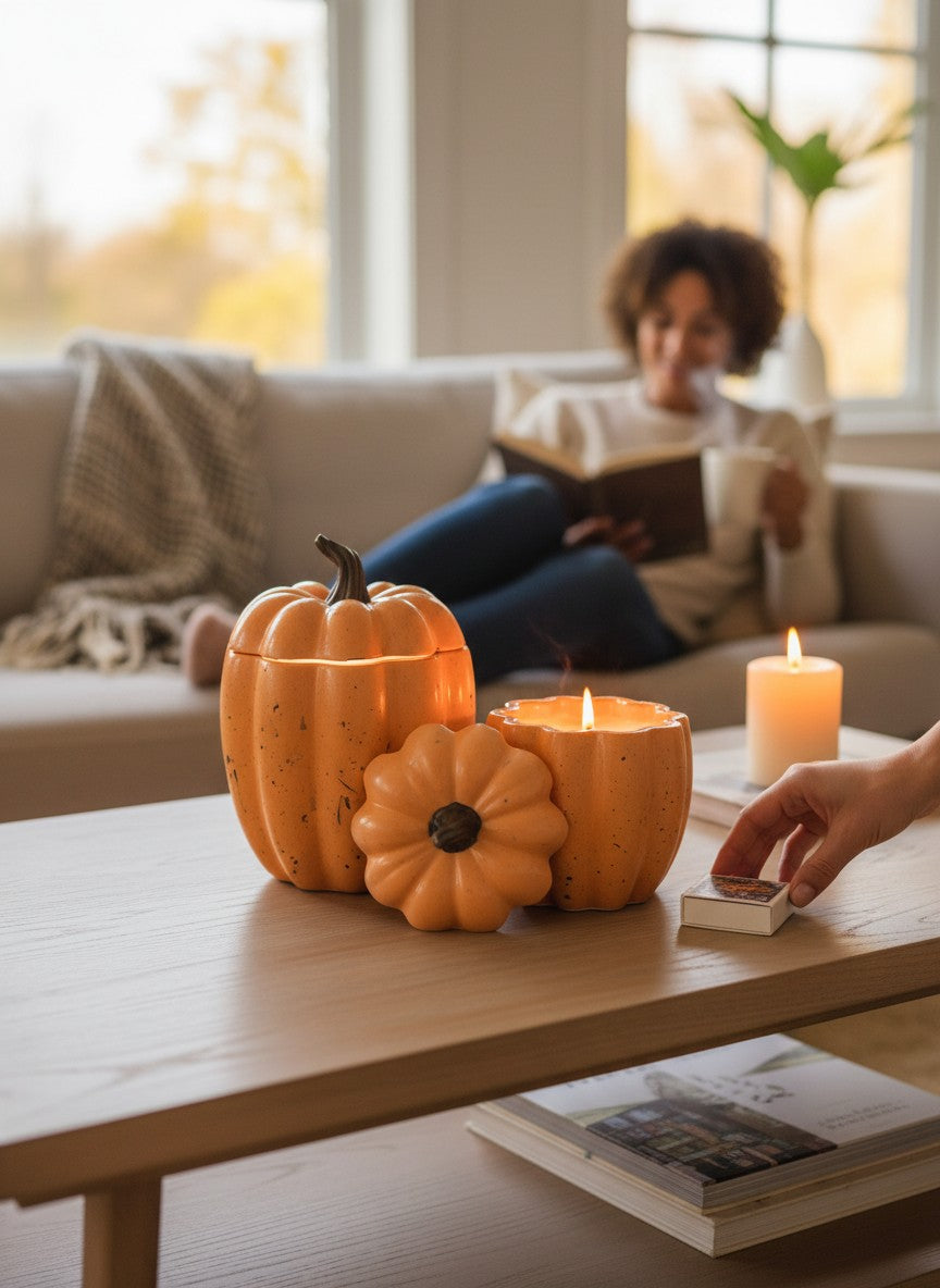 Doodlations Concrete Pumpkin Candle in orange, with a lid and a smaller decorative pumpkin. Soy wax candle.
