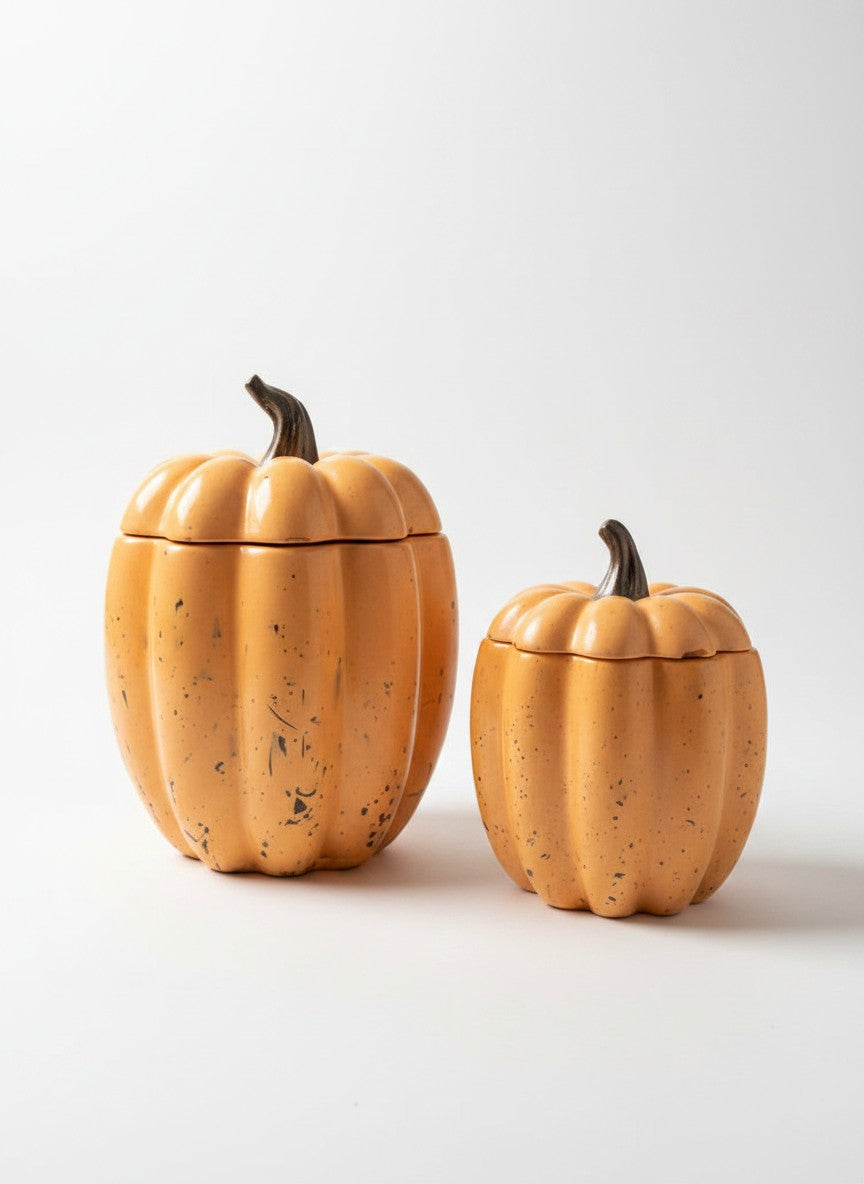 Doodlations Concrete Pumpkin Candle in orange with black speckles. Two sizes shown. Decorative vessel.