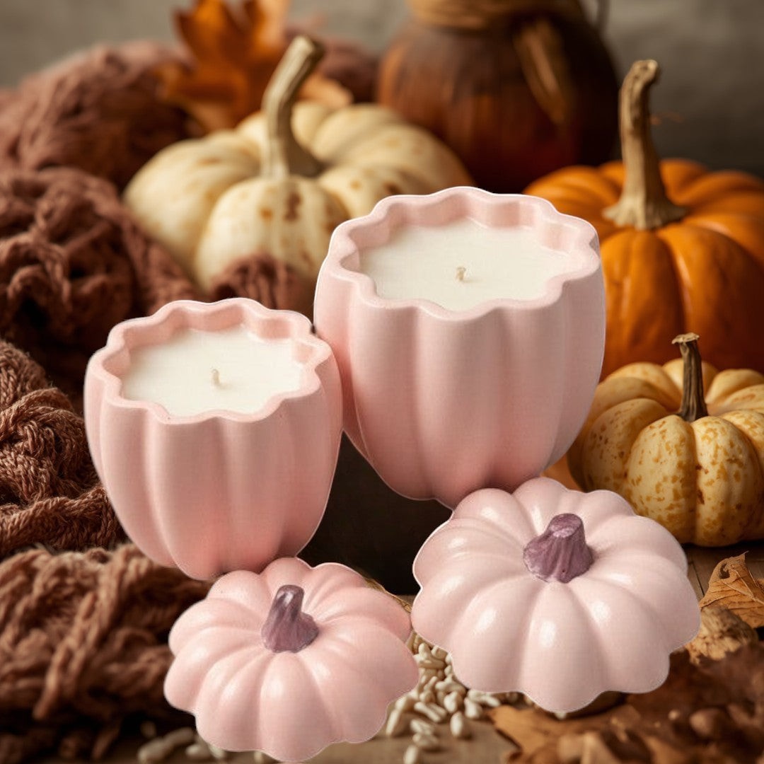 Doodlations pink concrete pumpkin candles in two sizes, with decorative pumpkin lids.