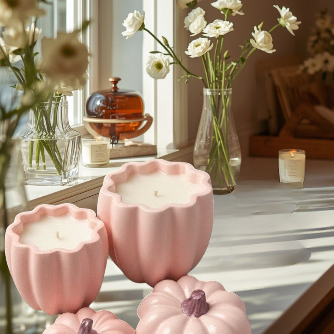 Doodlations pink concrete pumpkin candles in two sizes, with decorative pumpkin lids.