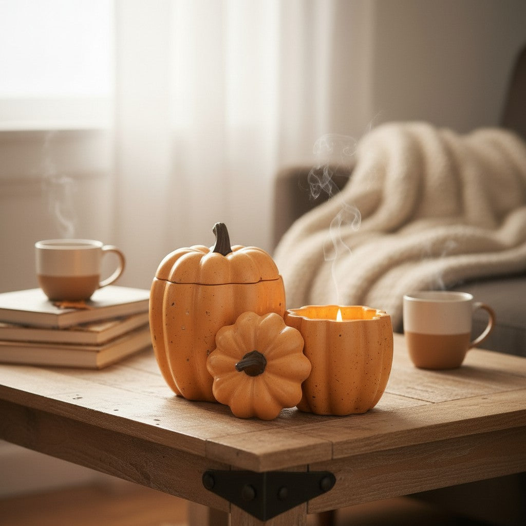 Doodlations concrete pumpkin candle in a rustic vessel with a lid and a smaller decorative pumpkin. Lit candle emits smoke.