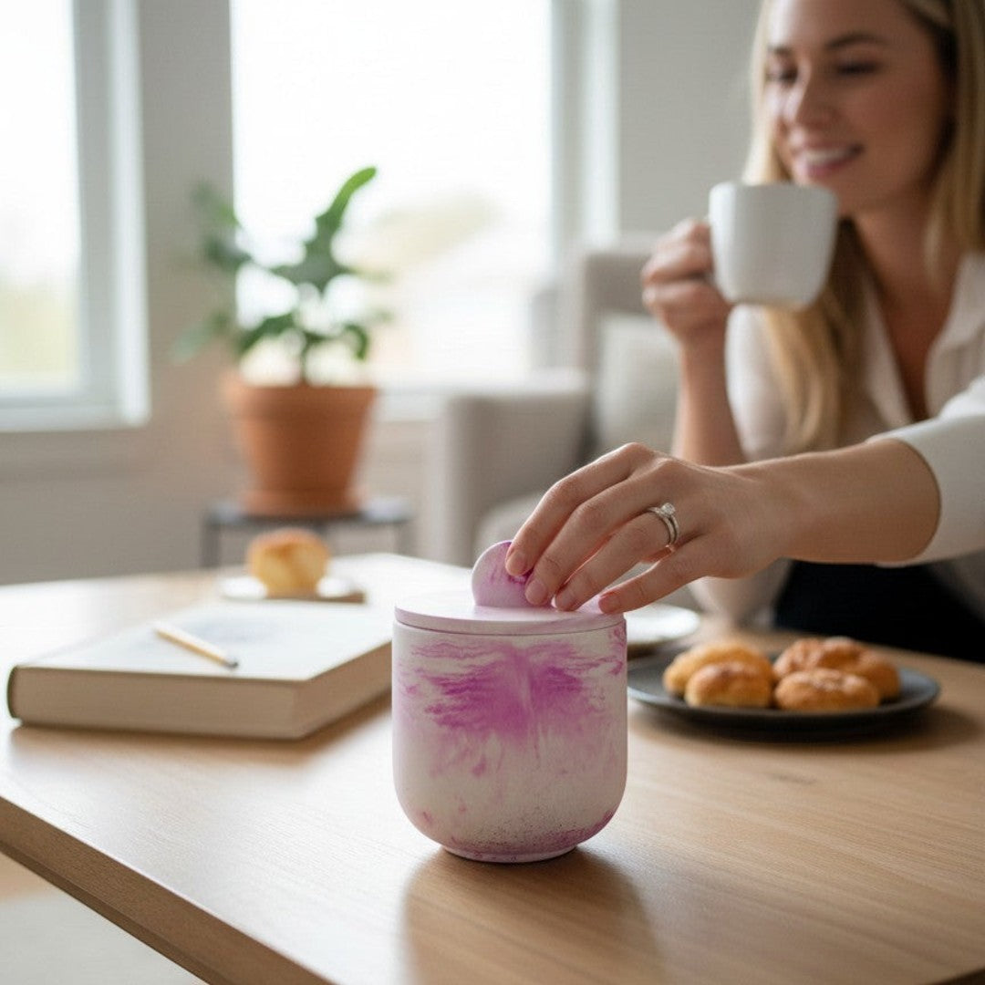 Doodlations Coffee Bar & Boutique luxury hand-poured concrete vessel candle with pink marbling and lid.