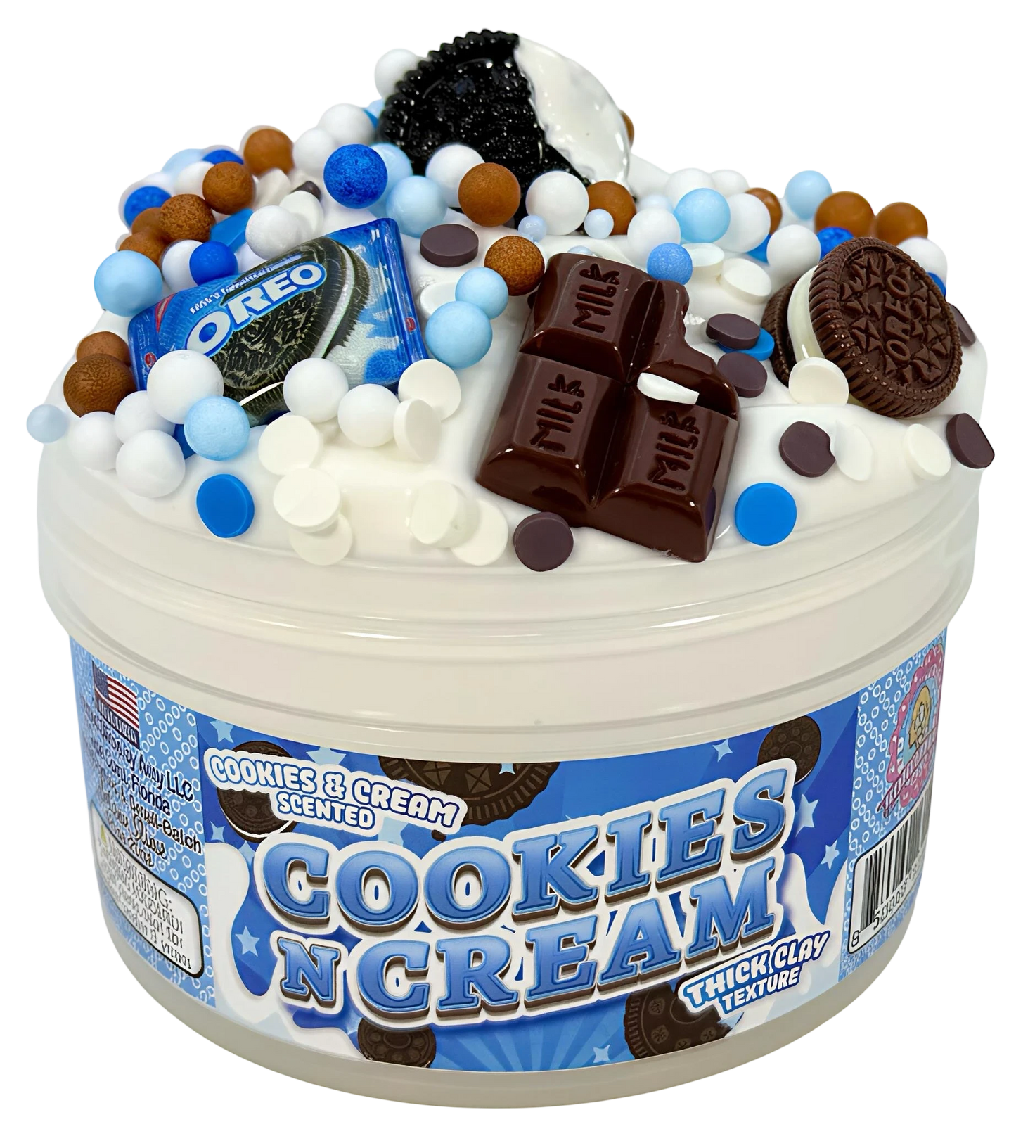 Doodlations Coffee Bar & Boutique Cookies and Cream scented thick clay slime, topped with chocolate bars, Oreo cookies, and sprinkles.