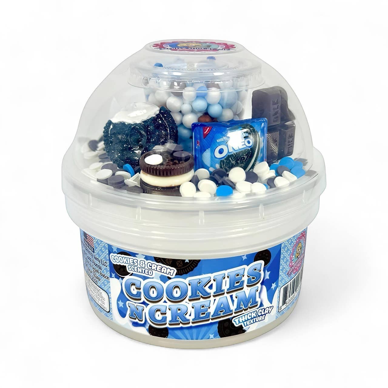 Doodlations Coffee Bar & Boutique Cookies and Cream Scented Slime kit with Oreo-themed charms and sprinkles.