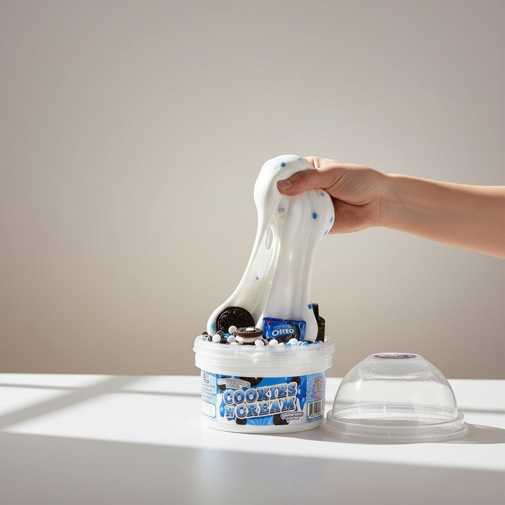 Doodlations Coffee Bar & Boutique Cookies and Cream Scented Slime, white with blue beads, in a tub with Oreo cookies.