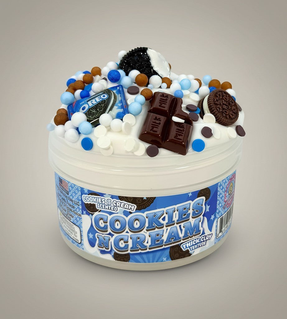 Doodlations Coffee Bar & Boutique Cookies and Cream scented thick clay slime with Oreo pieces, chocolate bars, and sprinkles.