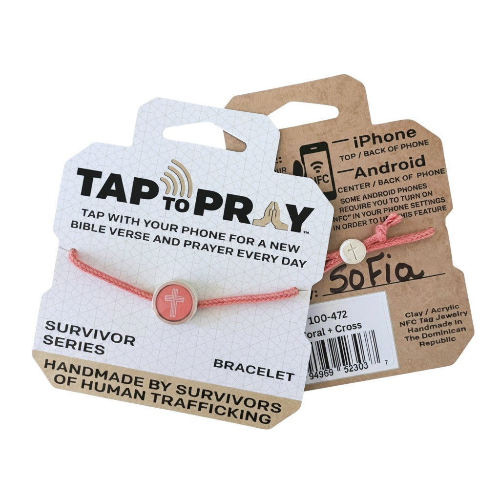 Doodlations Coffee Bar & Boutique coral Survivor Series bracelet with clay tag featuring a cross and NFC chip for daily Bible verses.