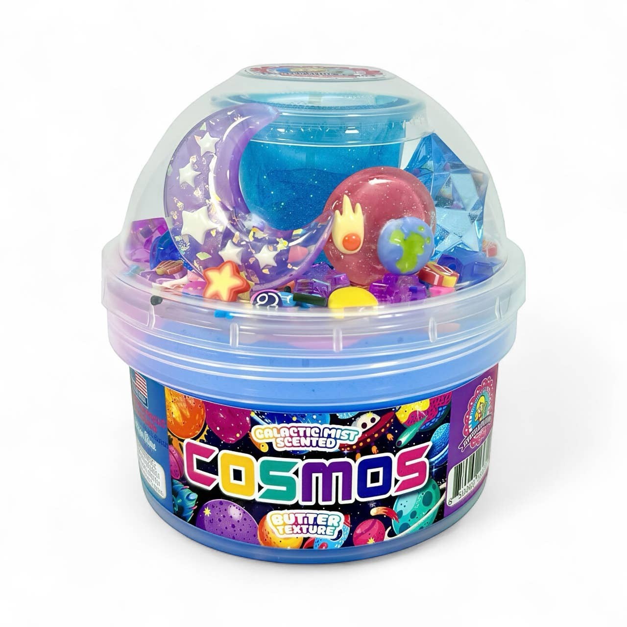 Doodlations Cosmic Slime Kit with blue glitter butter slime and space-themed charms like moons, stars, and planets.