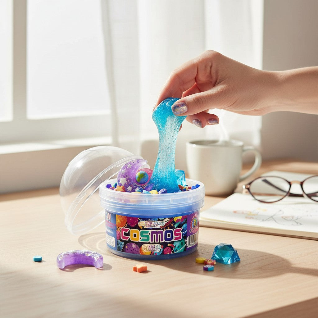 Doodlations Coffee Bar & Boutique Cosmos slime in a blue tub with galaxy-themed charms, glitter, and celestial swirls.