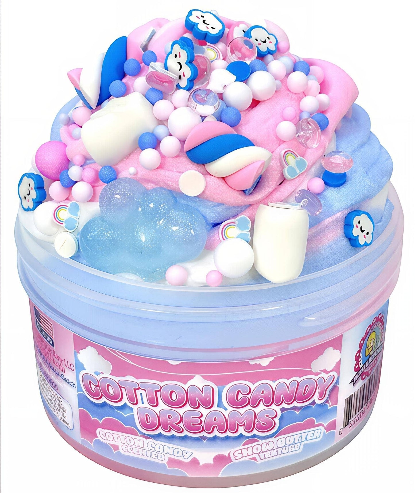 Doodlations Cotton Candy Dreams Snow Slime with pink and blue swirls, cloud charms, pastel beads, and marshmallow accents.