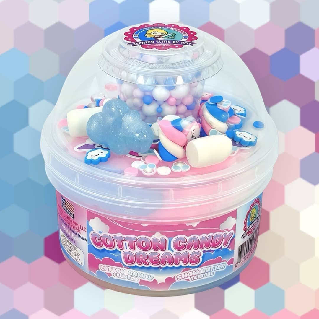 Doodlations Coffee Bar & Boutique Cotton Candy Dreams Snow Slime with cloud charms, pastel beads, and marshmallow accents.