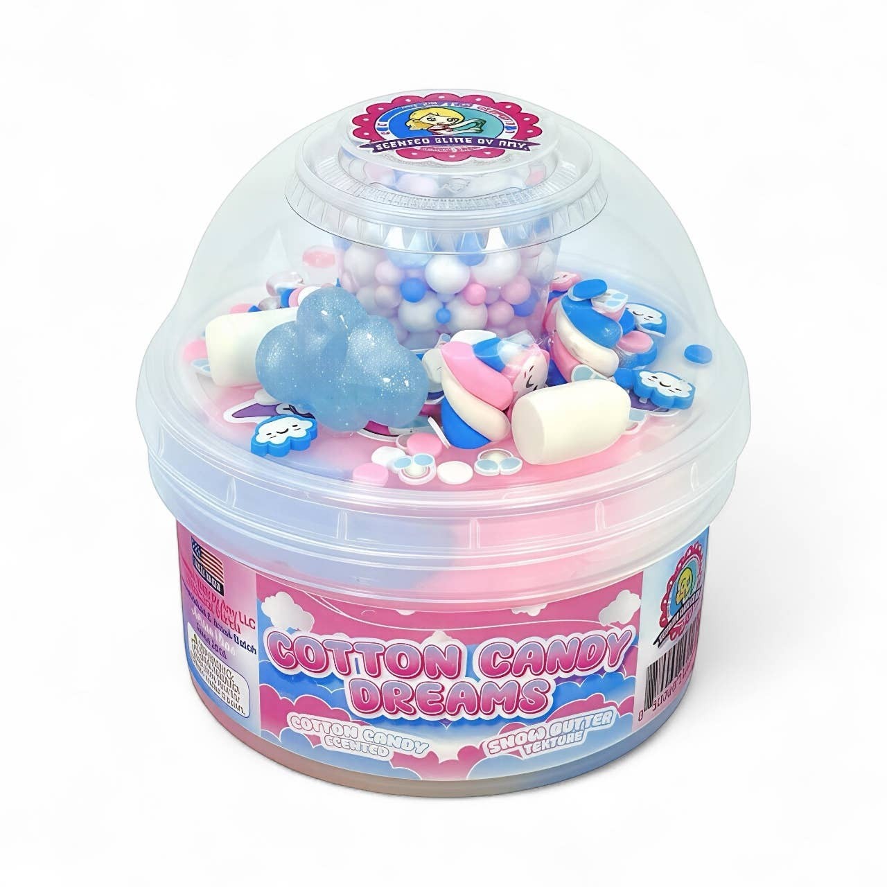 Doodlations Coffee Bar & Boutique Cotton Candy Dreams Snow Slime with pastel beads, cloud charms, and marshmallow accents.