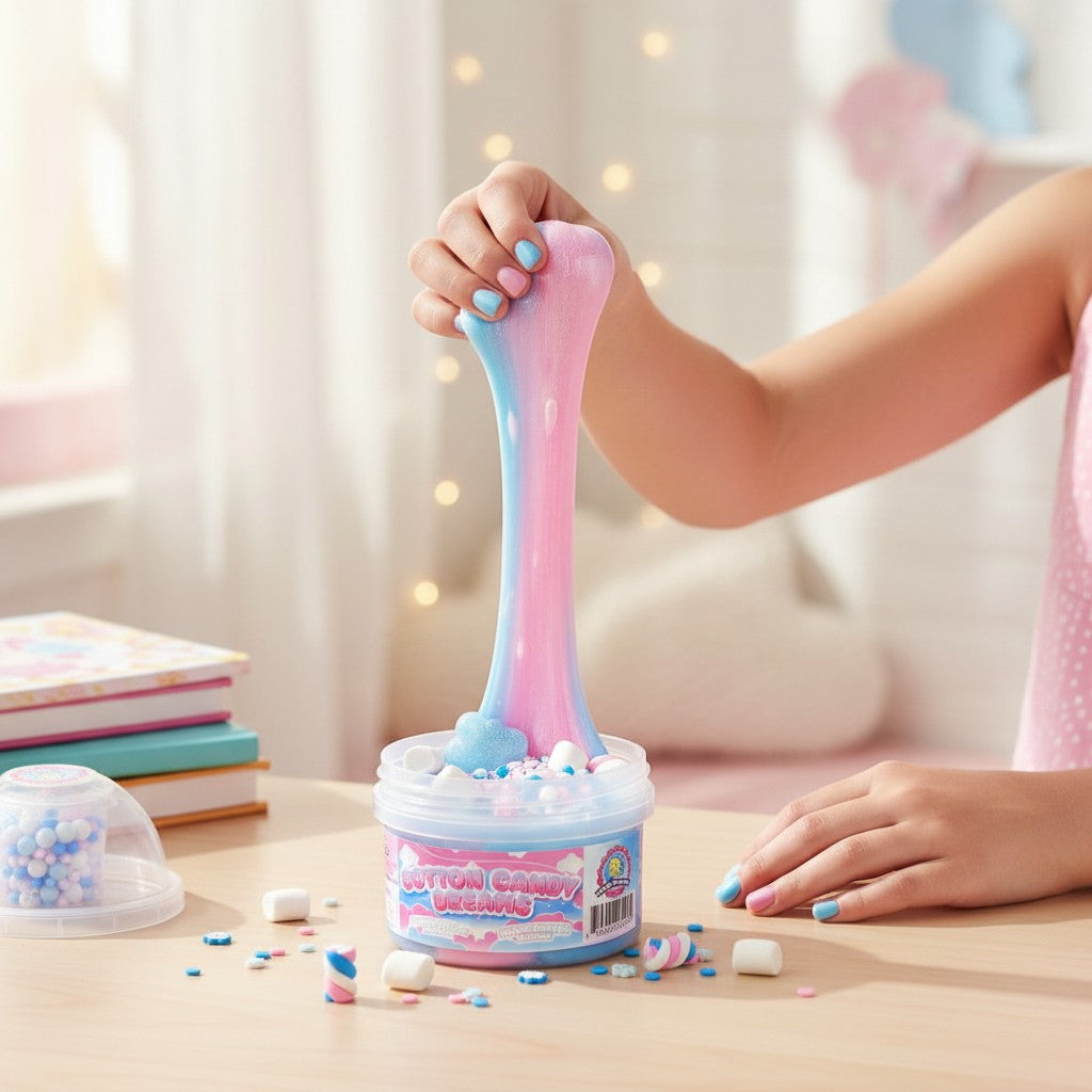 Doodlations Cotton Candy Dreams snow butter slime swirled pink, blue, white with charms and floam mix.