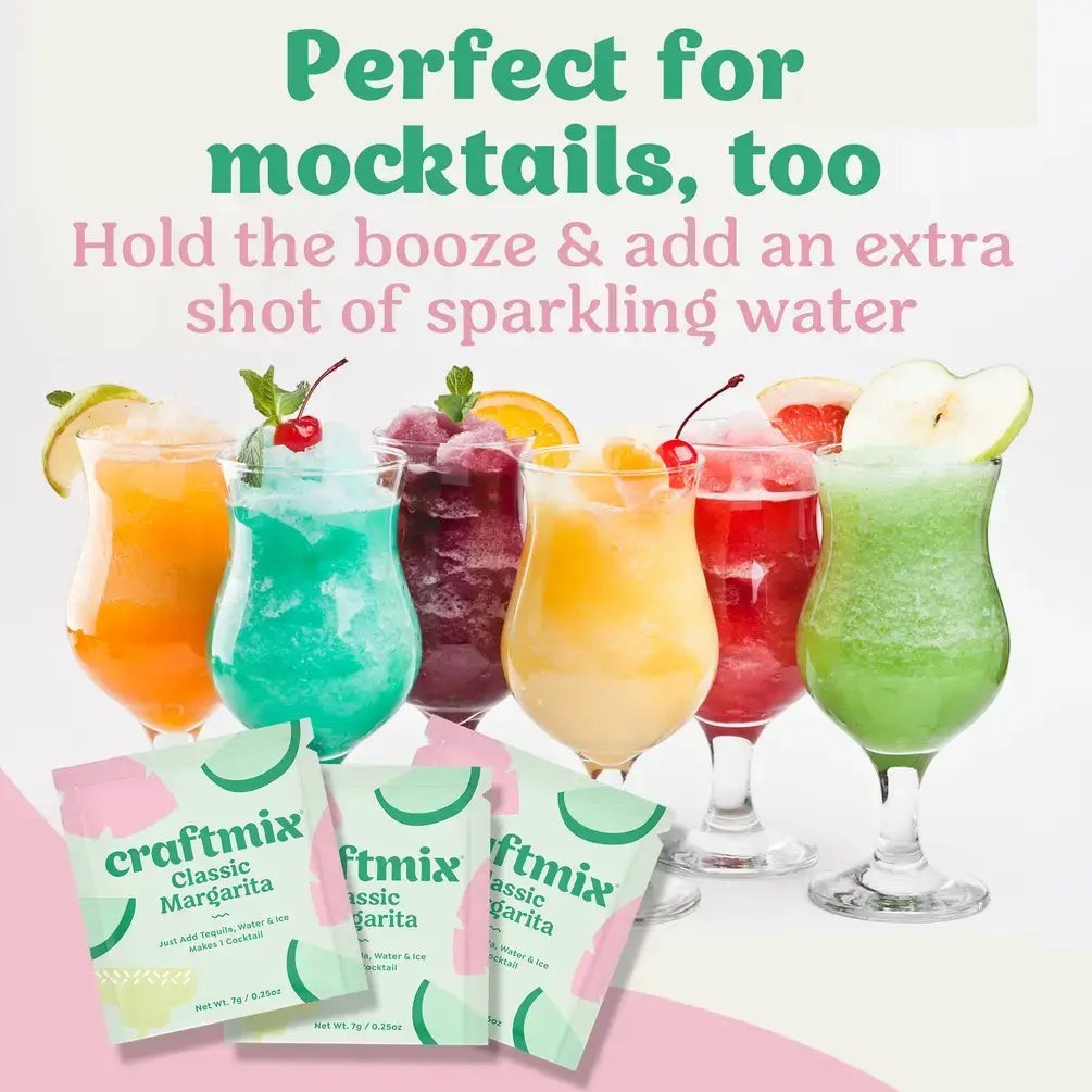 Doodlations Coffee Bar & Boutique Craftmix Classic Margarita cocktail mixer packets with colorful frozen drinks.