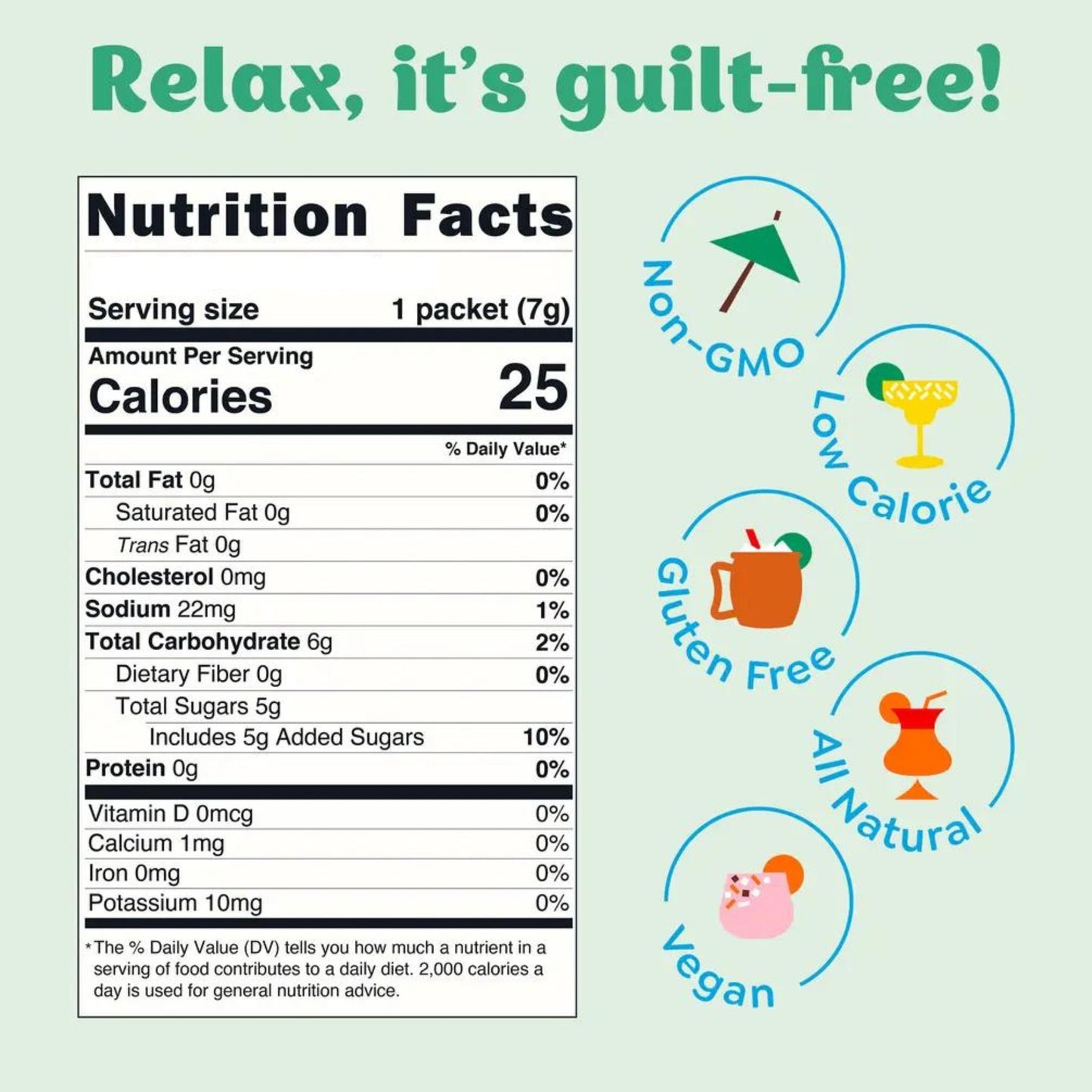 Doodlations Coffee Bar & Boutique Craftmix Classic Margarita mixer nutrition facts panel and icons for non-GMO, low calorie, gluten-free, all-natural, and vegan.