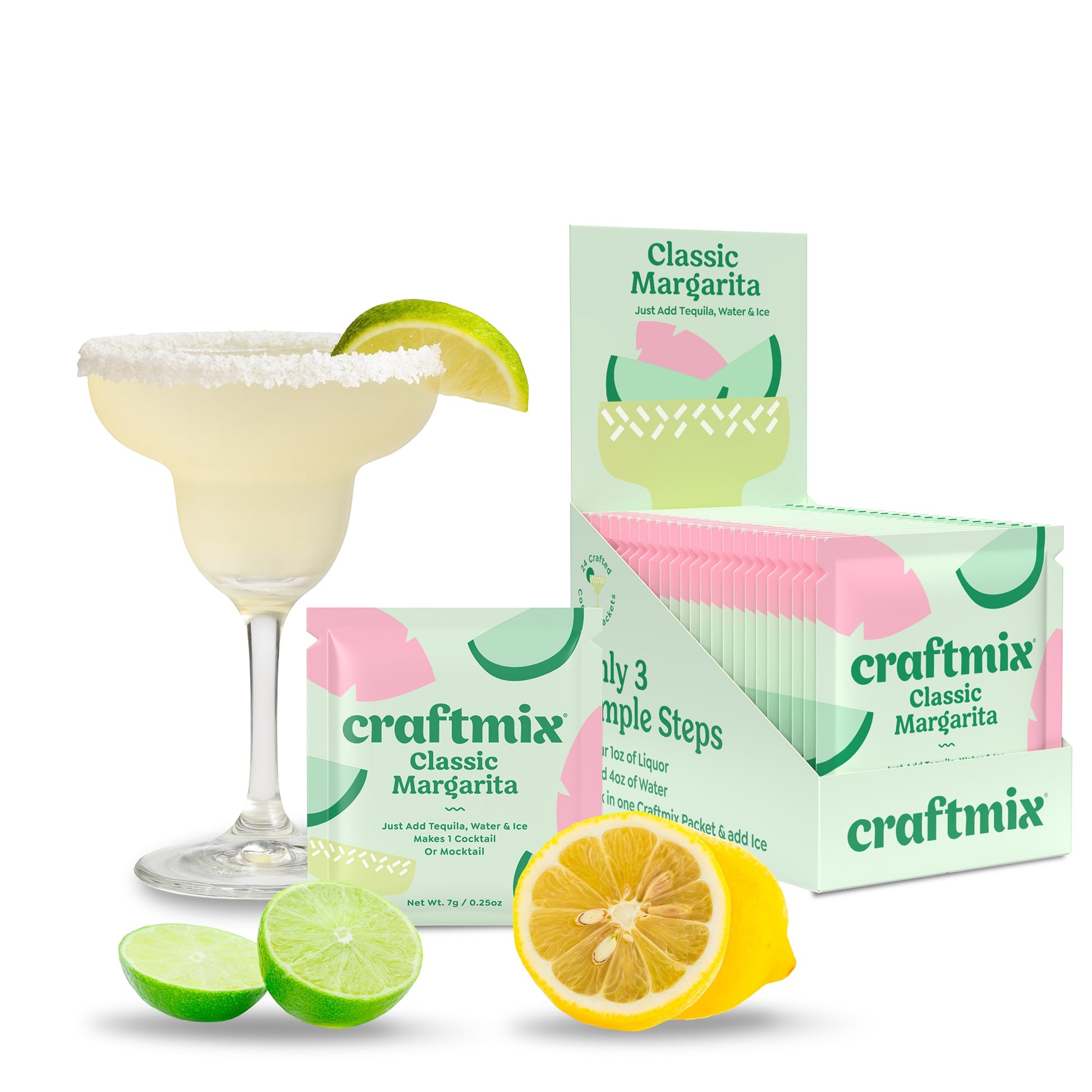 Doodlations Coffee Bar & Boutique Craftmix Classic Margarita cocktail mixer packets with a prepared margarita and fresh limes and lemon.