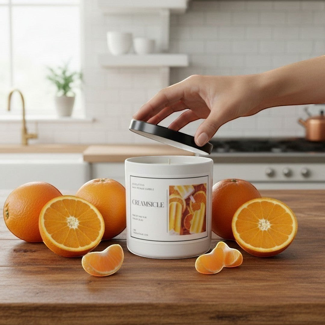 Doodlations Coffee Bar & Boutique Creamsicle candle with oranges and orange slices on a wooden table outdoors.