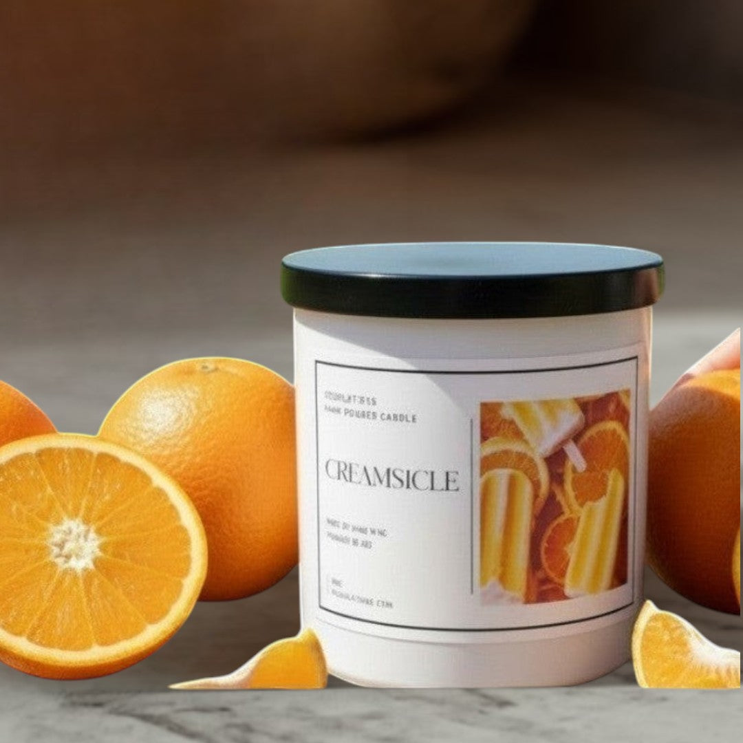 Doodlations Coffee Bar & Boutique Creamsicle candle with a citrus and vanilla scent, surrounded by fresh oranges.