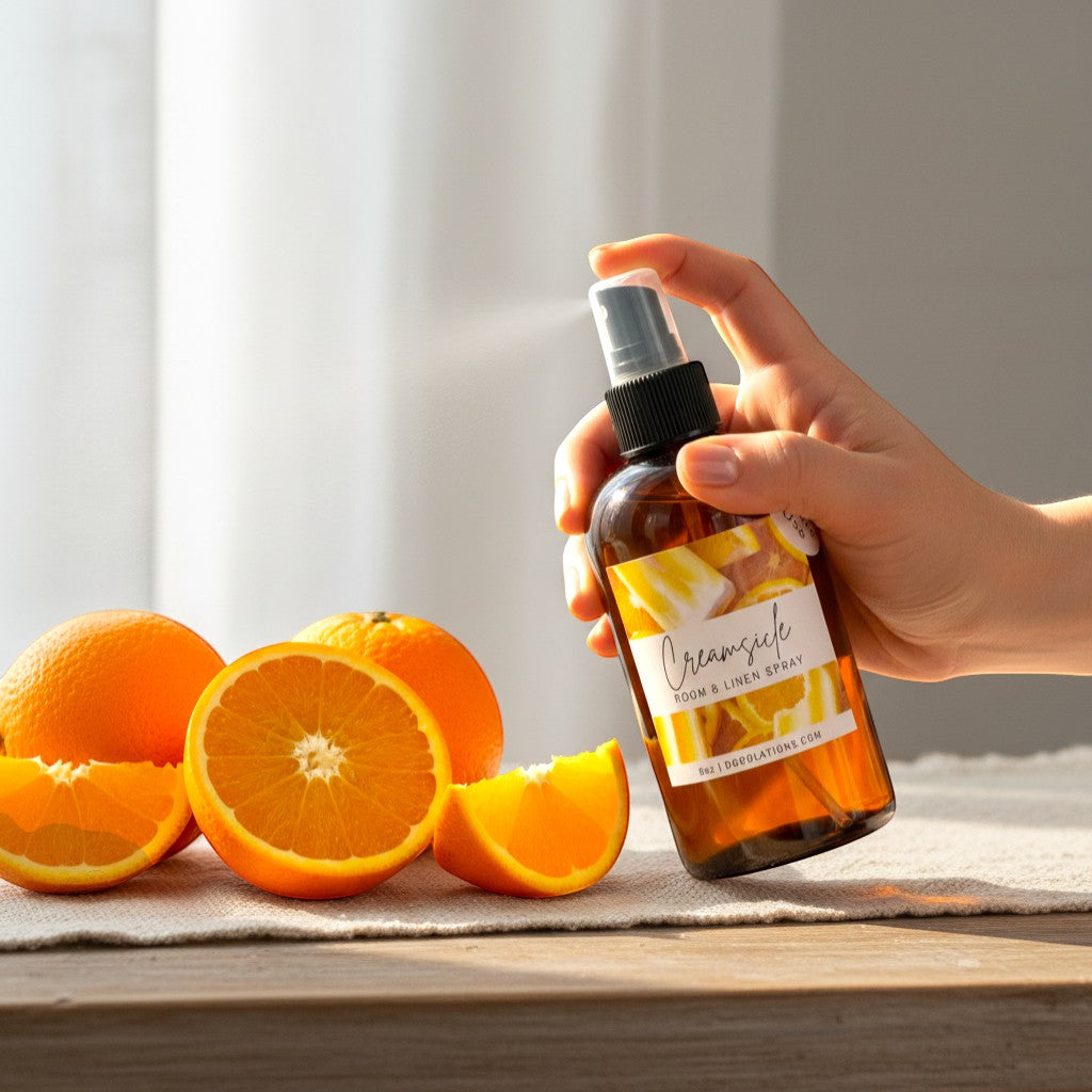 Doodlations Coffee Bar & Boutique Creamsicle Room & Linen Spray with citrus scent, amber glass bottle.
