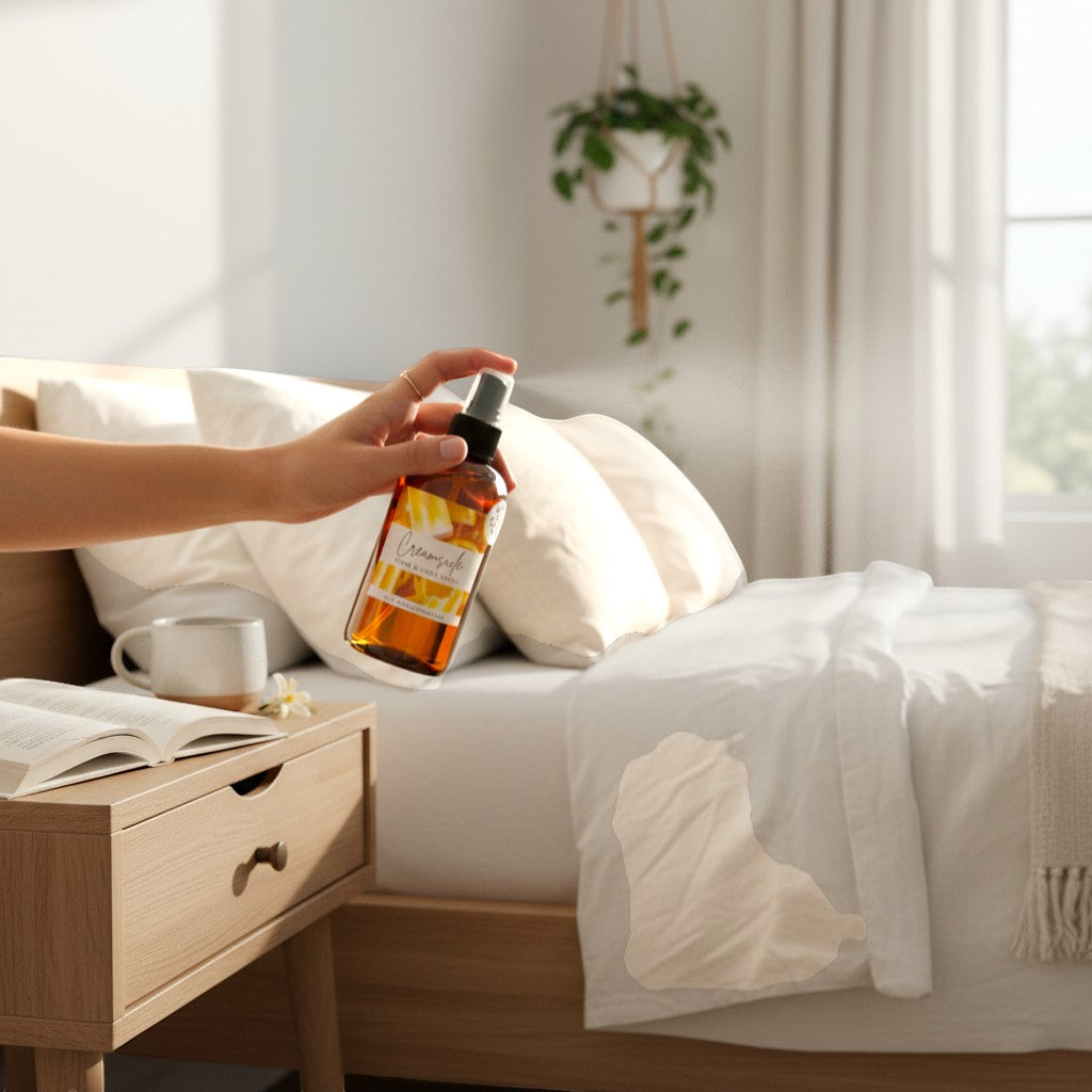Doodlations Coffee Bar & Boutique Creamsicle room and linen spray in amber bottle with citrus scent, used in bedroom.