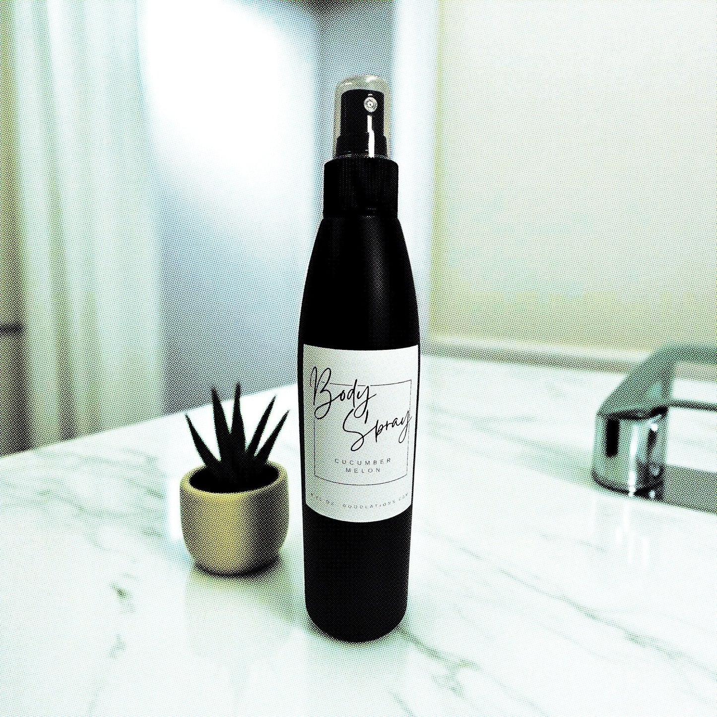 Doodlations Moisturizing Body Spray in Cucumber Melon scent, in a black bottle with a white label, on a marble countertop.