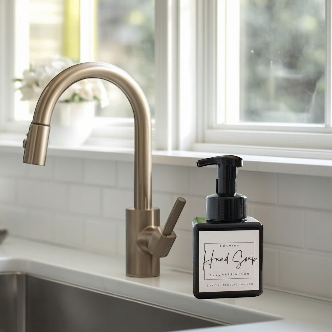 Doodlations Coffee Bar & Boutique black foaming hand soap dispenser with Cucumber Melon scent.