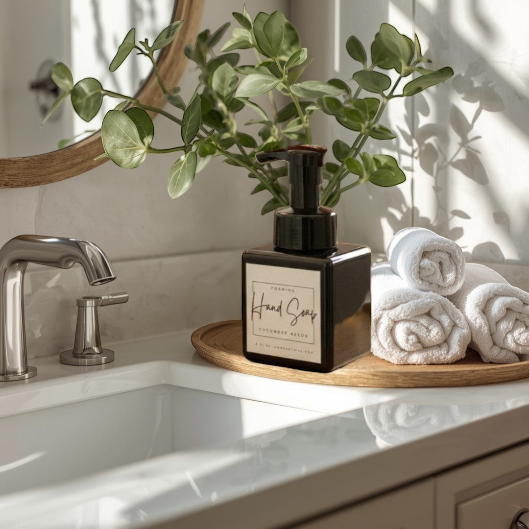 Doodlations Coffee Bar & Boutique black foaming hand soap dispenser with Cucumber Melon scent.