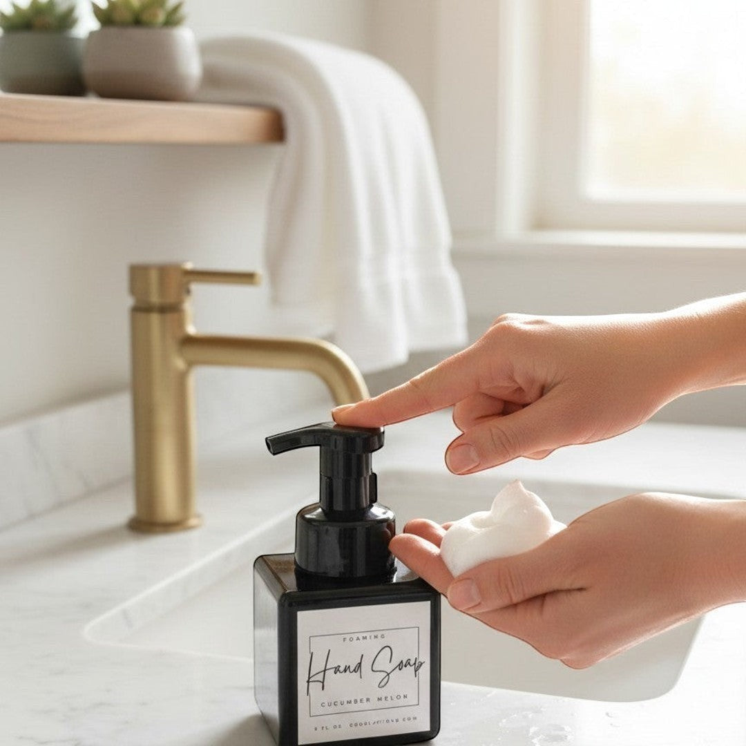 Doodlations Coffee Bar & Boutique black foaming hand soap dispenser with Cucumber Melon scent label.
