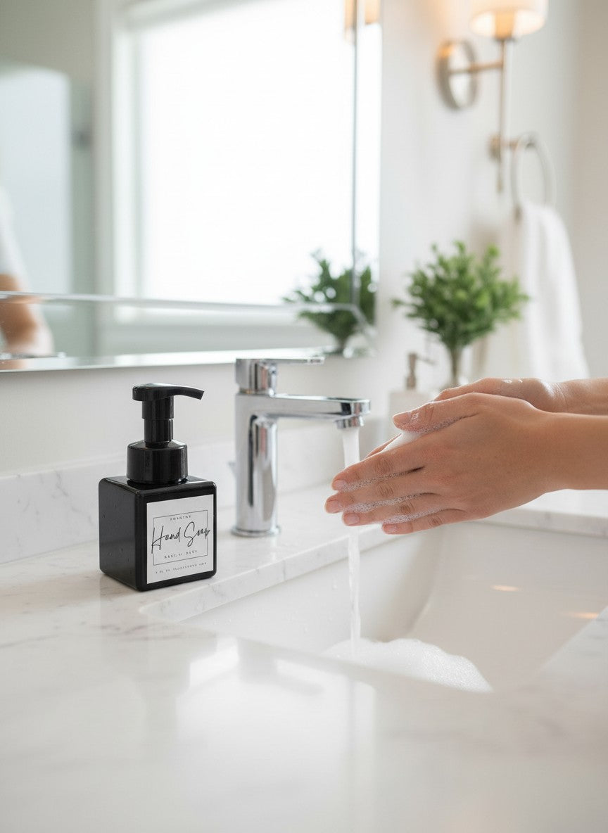 Doodlations Coffee Bar & Boutique Darlin Days foaming hand soap in a black square bottle with a black pump dispenser.