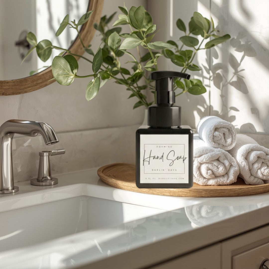 Doodlations Coffee Bar & Boutique Darlin Days foaming hand soap in a black square bottle with a black pump dispenser.