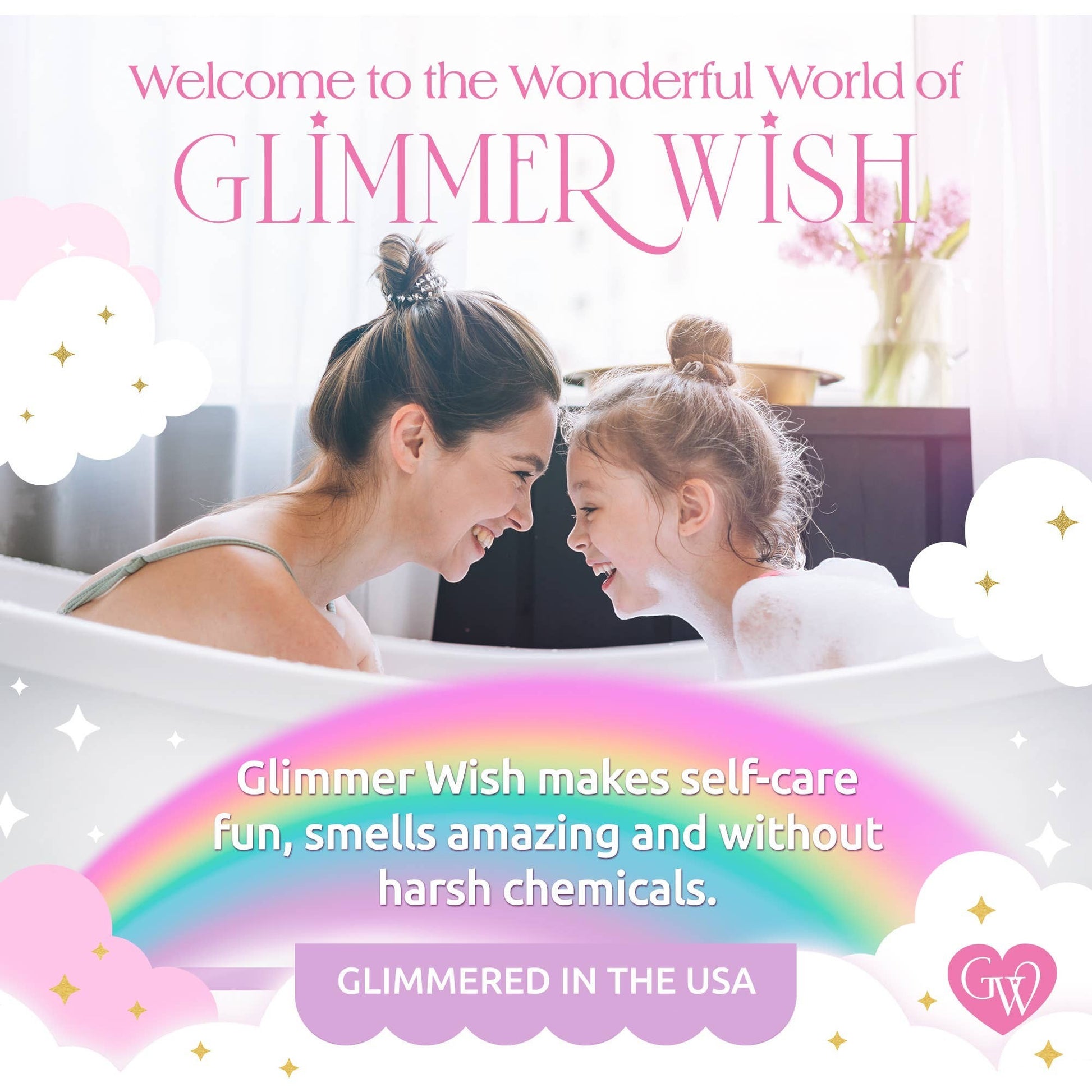 Doodlations Coffee Bar & Boutique mother and daughter in bathtub, Glimmer Wish detangling mist for fun self-care.