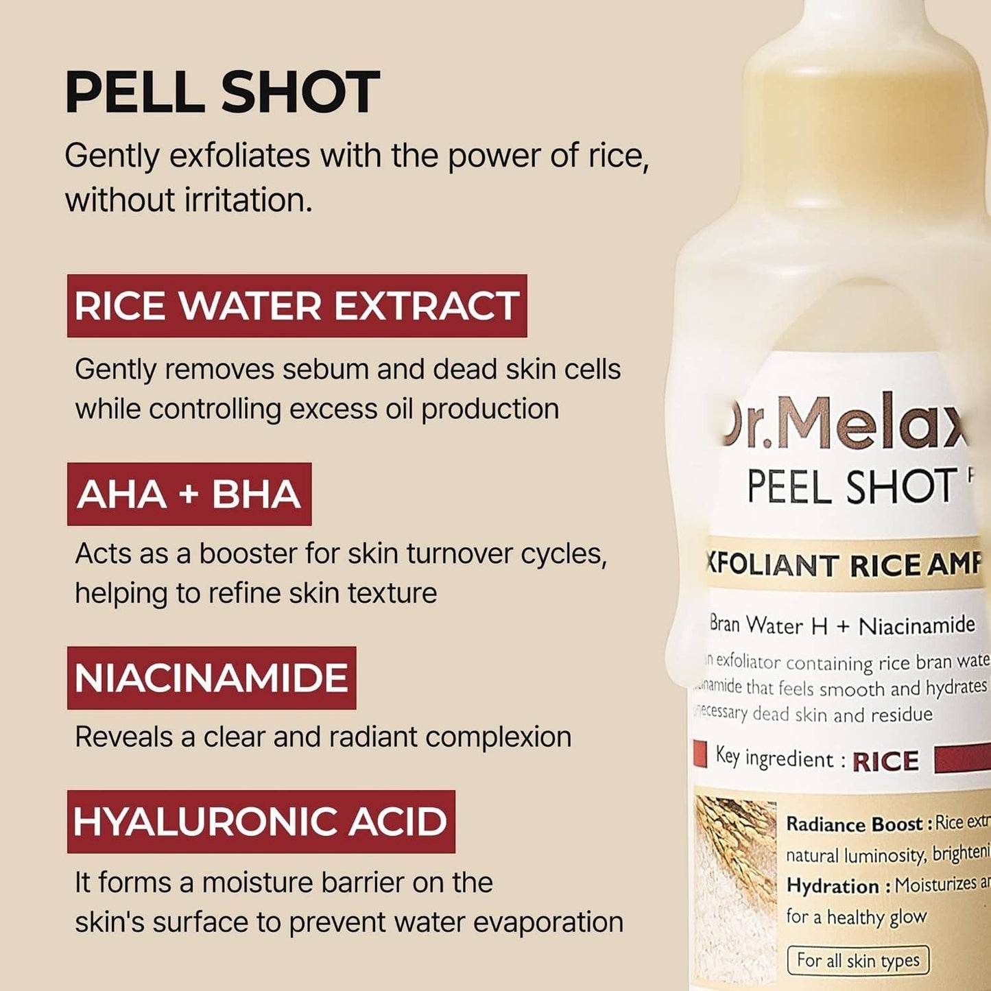 Doodlations Coffee Bar & Boutique DR MELAXIN Peel Shot Glow White Rice Peeling Ampoule 80ml with rice water extract, AHA+BHA, niacinamide, and hyaluronic acid for exfoliation and hydration.