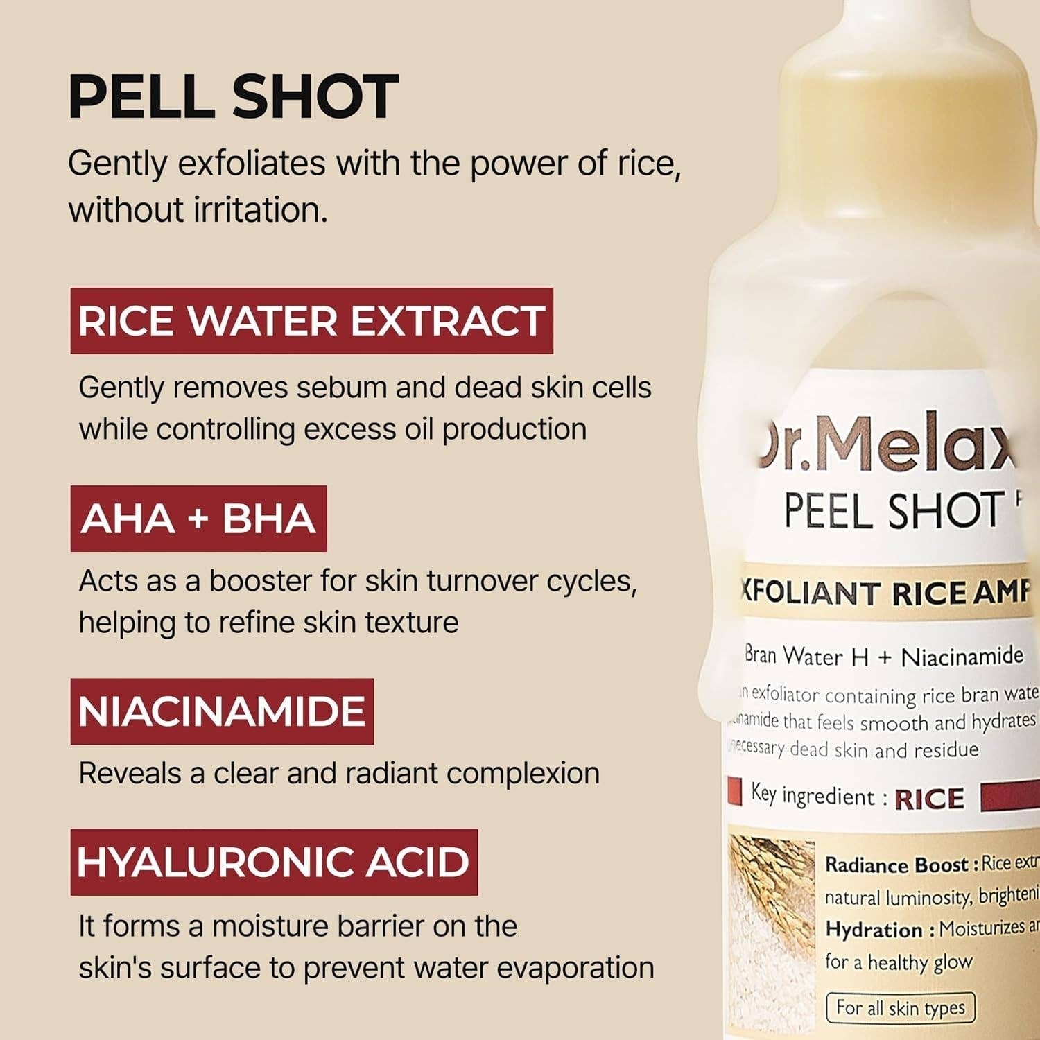 Doodlations Coffee Bar & Boutique DR MELAXIN Peel Shot Glow White Rice Peeling Ampoule 80ml with rice water extract, AHA+BHA, niacinamide, and hyaluronic acid for exfoliation and hydration.