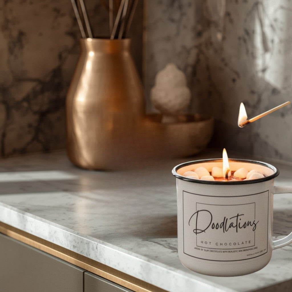 Doodlations white enamel camping mug candle with hot chocolate scent and realistic mini marshmallows.