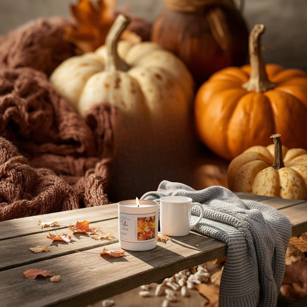 Doodlations Coffee Bar & Boutique Fallen Leaves candle with lid off, emitting smoke, on a wooden table in an autumn forest.