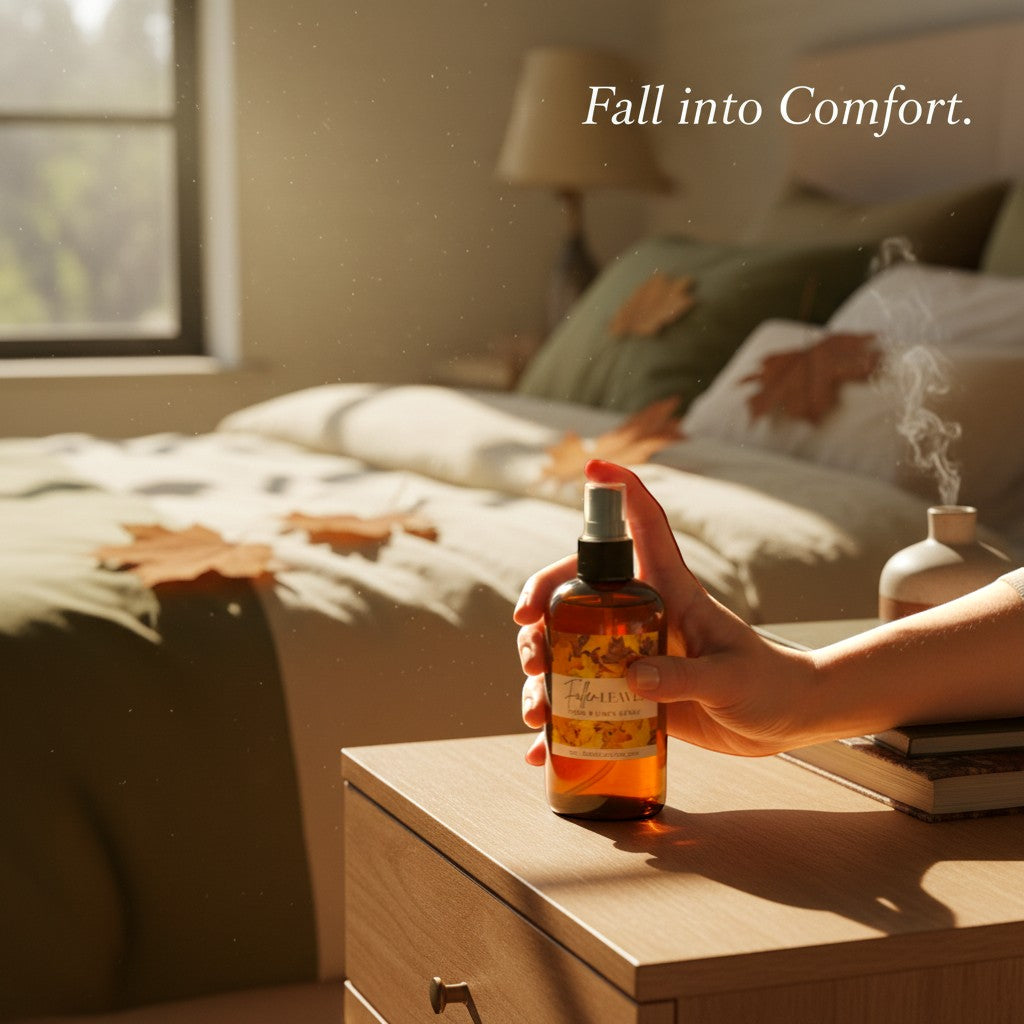Doodlations Coffee Bar & Boutique Fallen Leaves room and linen spray in amber bottle with autumn leaf decor.