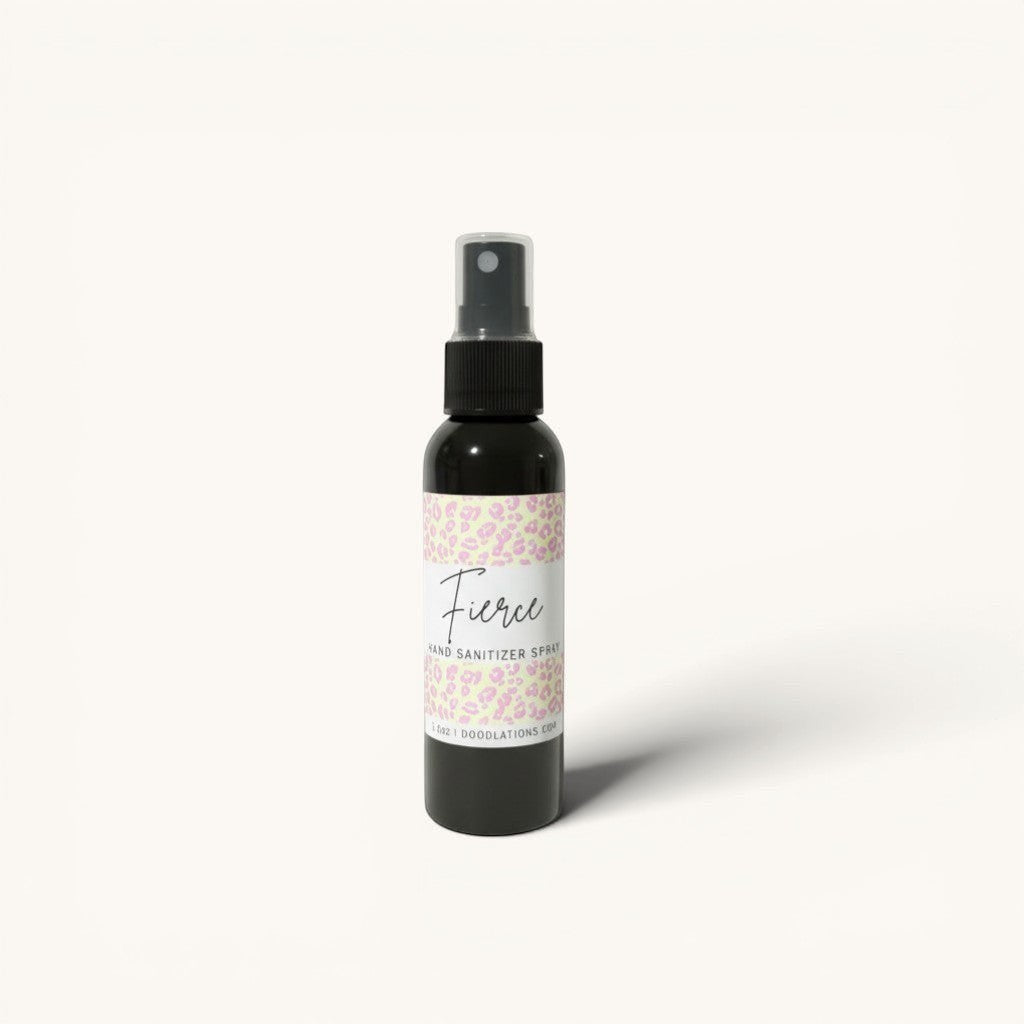 Doodlations Coffee Bar & Boutique Fierce hand sanitizer spray in a black bottle with a leopard print label.