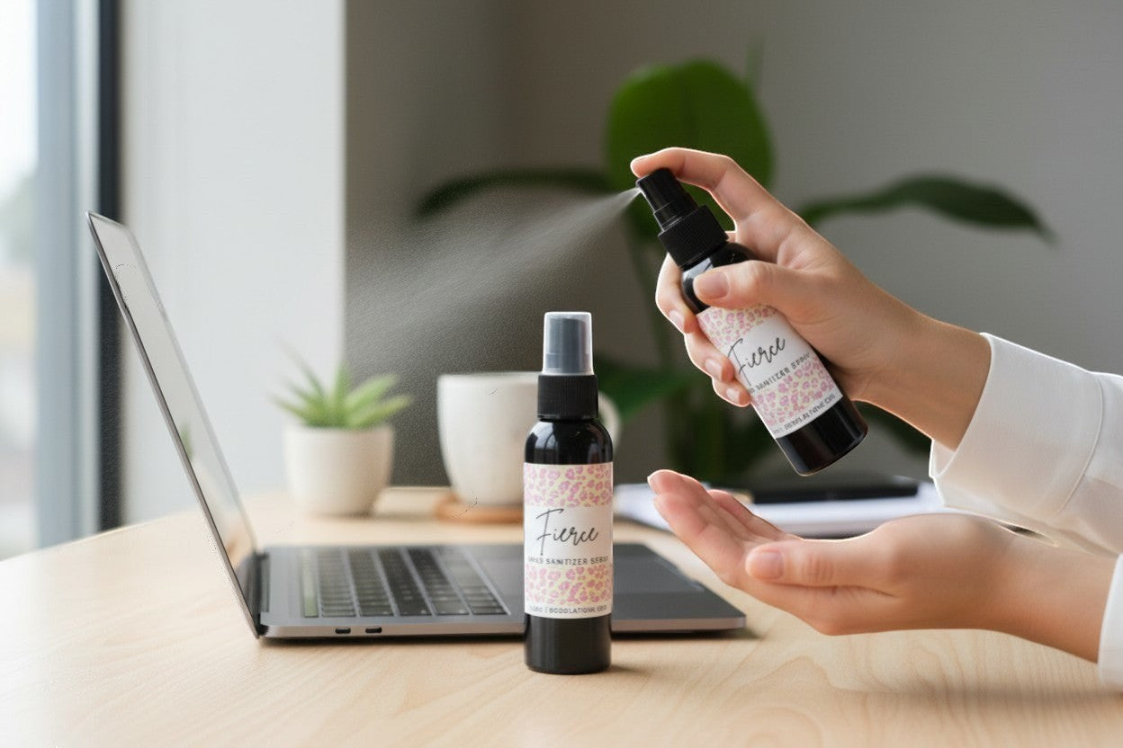 Doodlations Coffee Bar & Boutique Fierce hand sanitizer spray being applied to hand, with a second bottle on a desk next to a laptop.