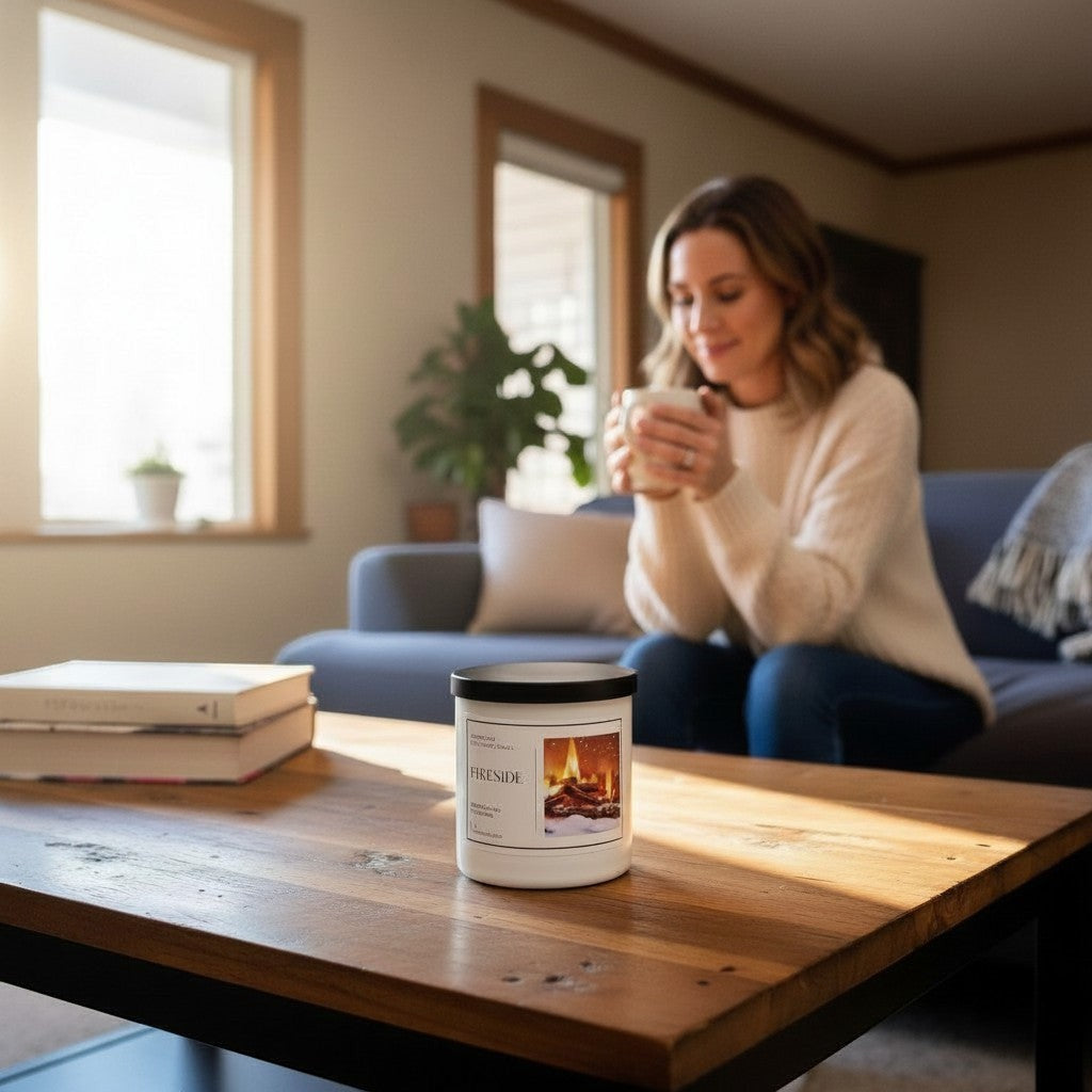 Doodlations Coffee Bar & Boutique Fireside candle with smoke rising, on a wooden table with books. Woman holding mug in background.