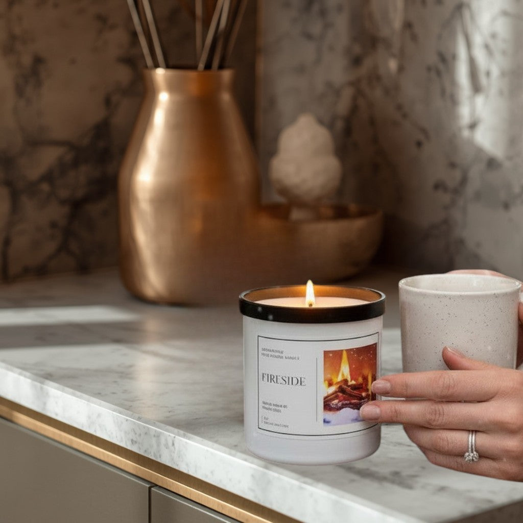 Doodlations Coffee Bar & Boutique Fireside candle with a lit wick, white ceramic jar, and black lid, next to a steaming mug by a fireplace.