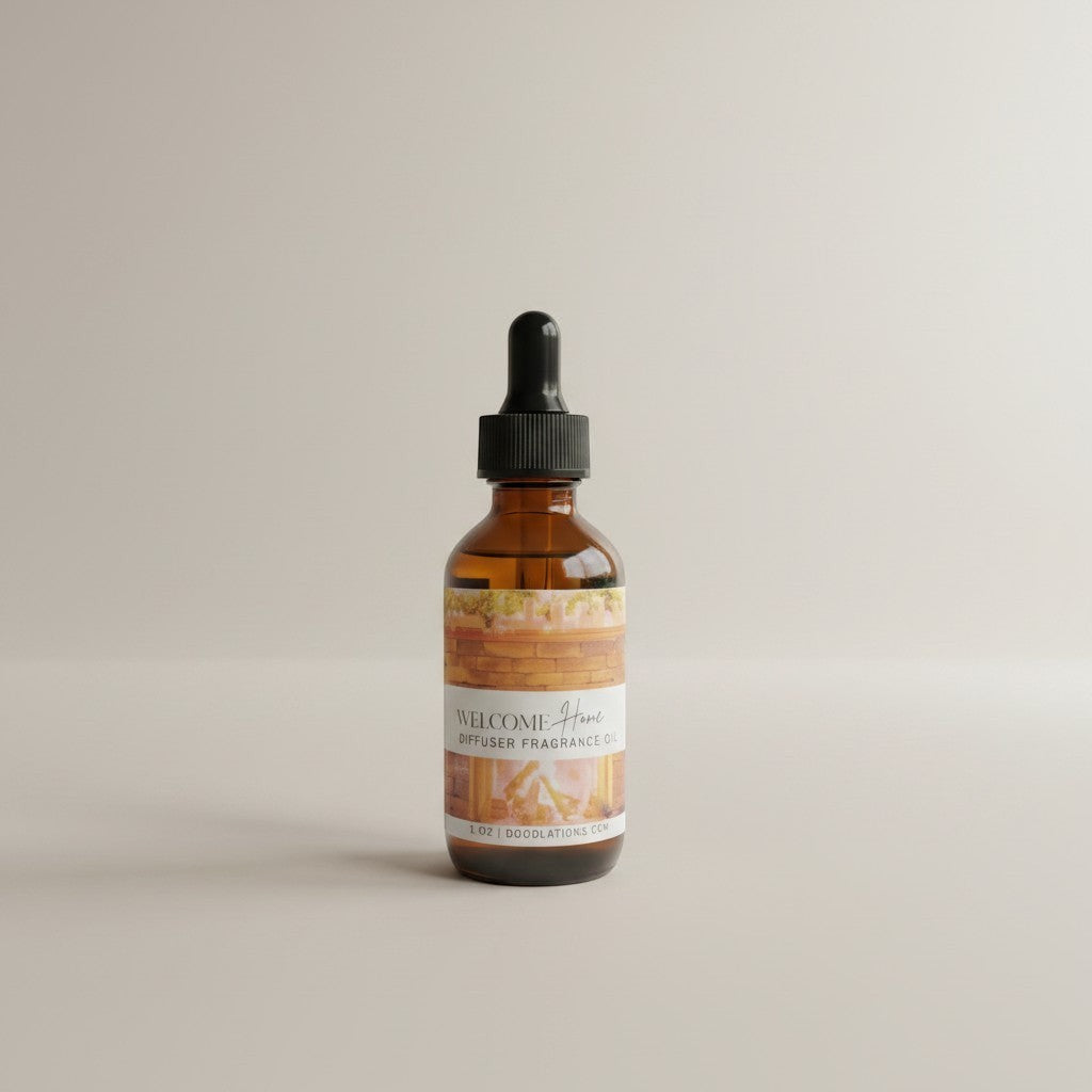 Doodlations Coffee Bar & Boutique amber glass bottle of 'Welcome Home' diffuser fragrance oil with dropper.