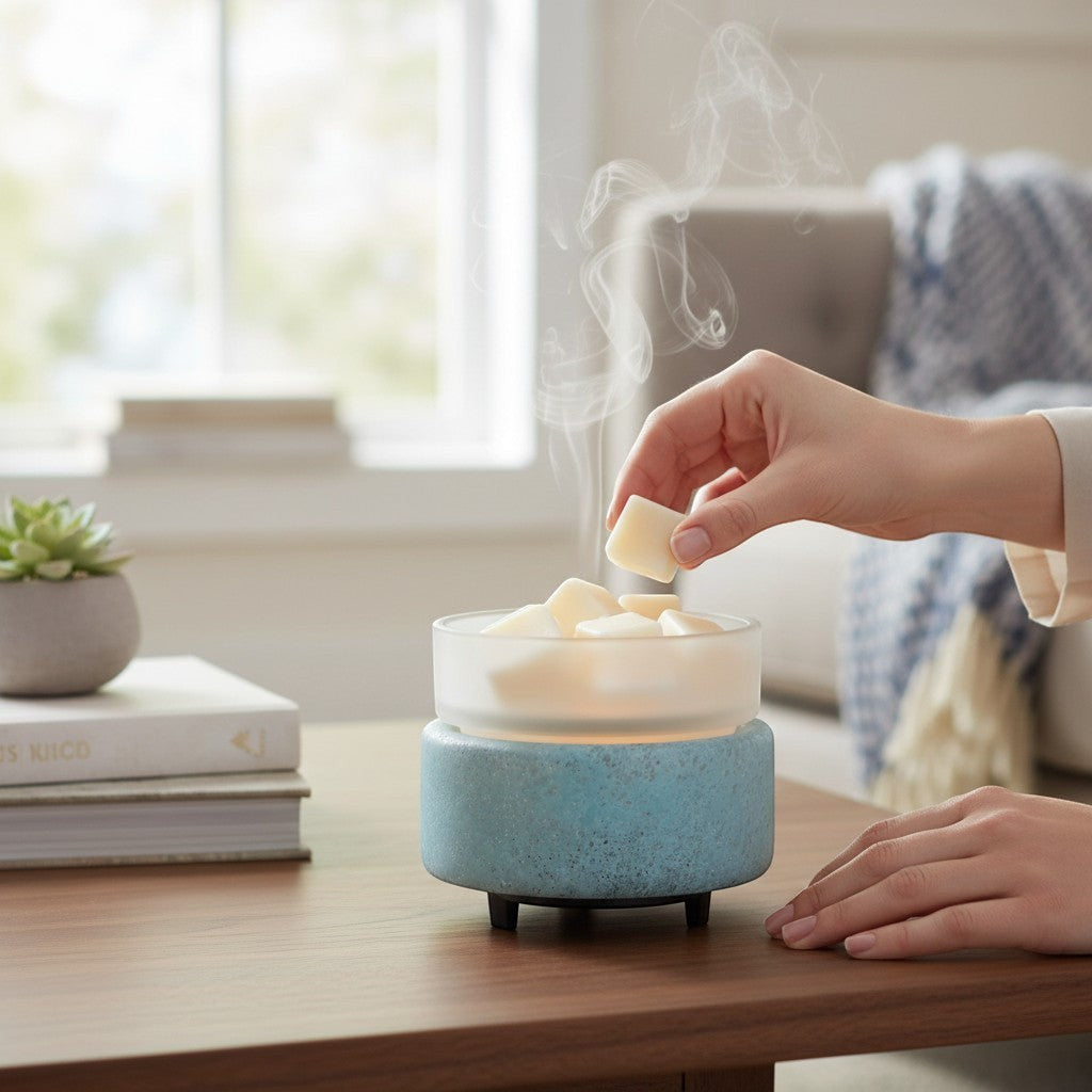 Doodlations Coffee Bar & Boutique frosted glass wax warmer with blue-green textured base and wax melts.