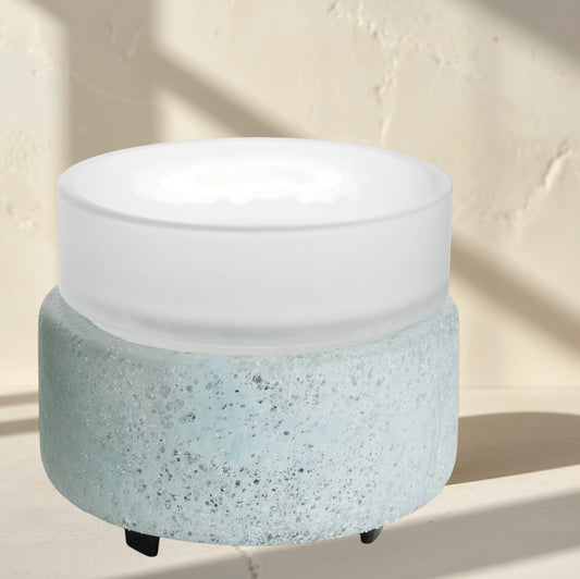 Doodlations Frosted Glass Wax Warmer with textured blue-green base and frosted glass dish for flameless fragrance.