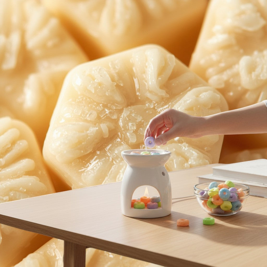 Doodlations Coffee Bar & Boutique Fruit Loops wax melts in a white ceramic warmer, releasing fragrant smoke.
