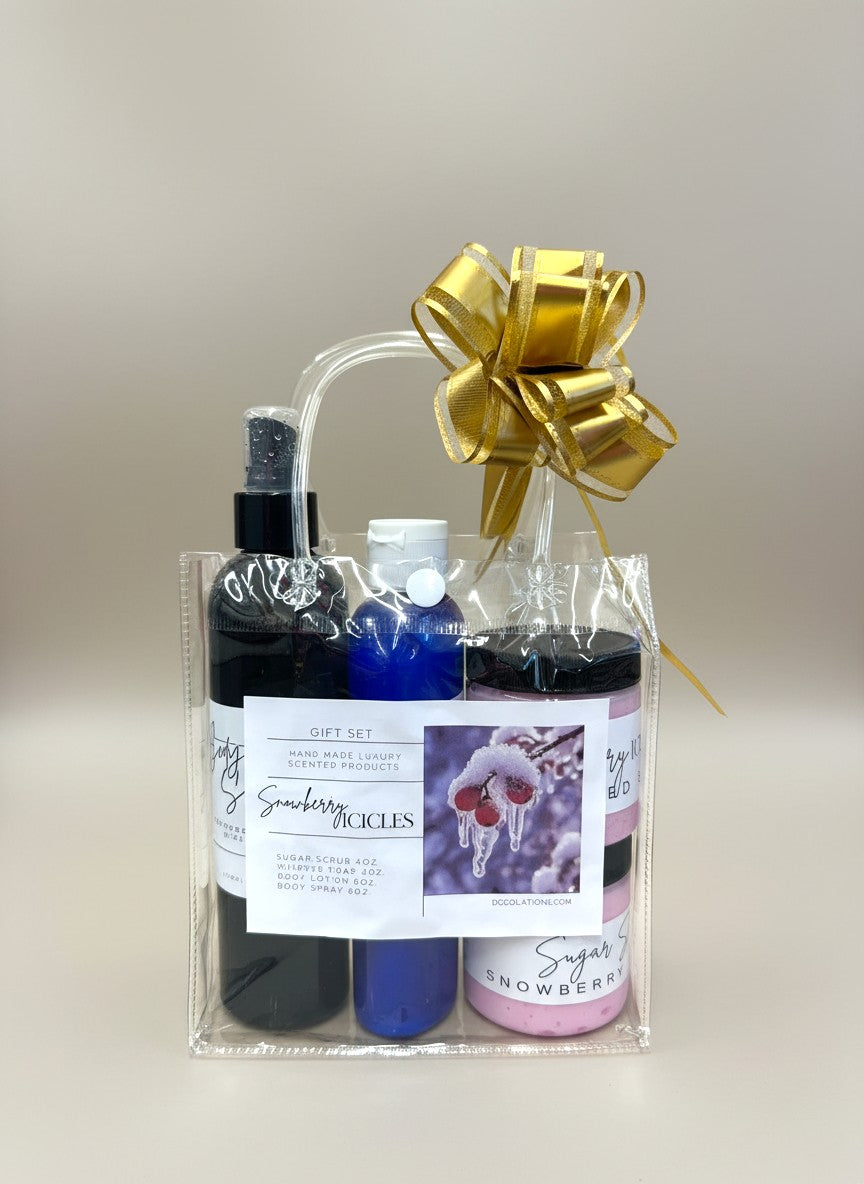 Doodlations Coffee Bar & Boutique gift set with Strawberry Icicles scented luxury products: sugar scrub, whipped soap, body lotion, and body spray.