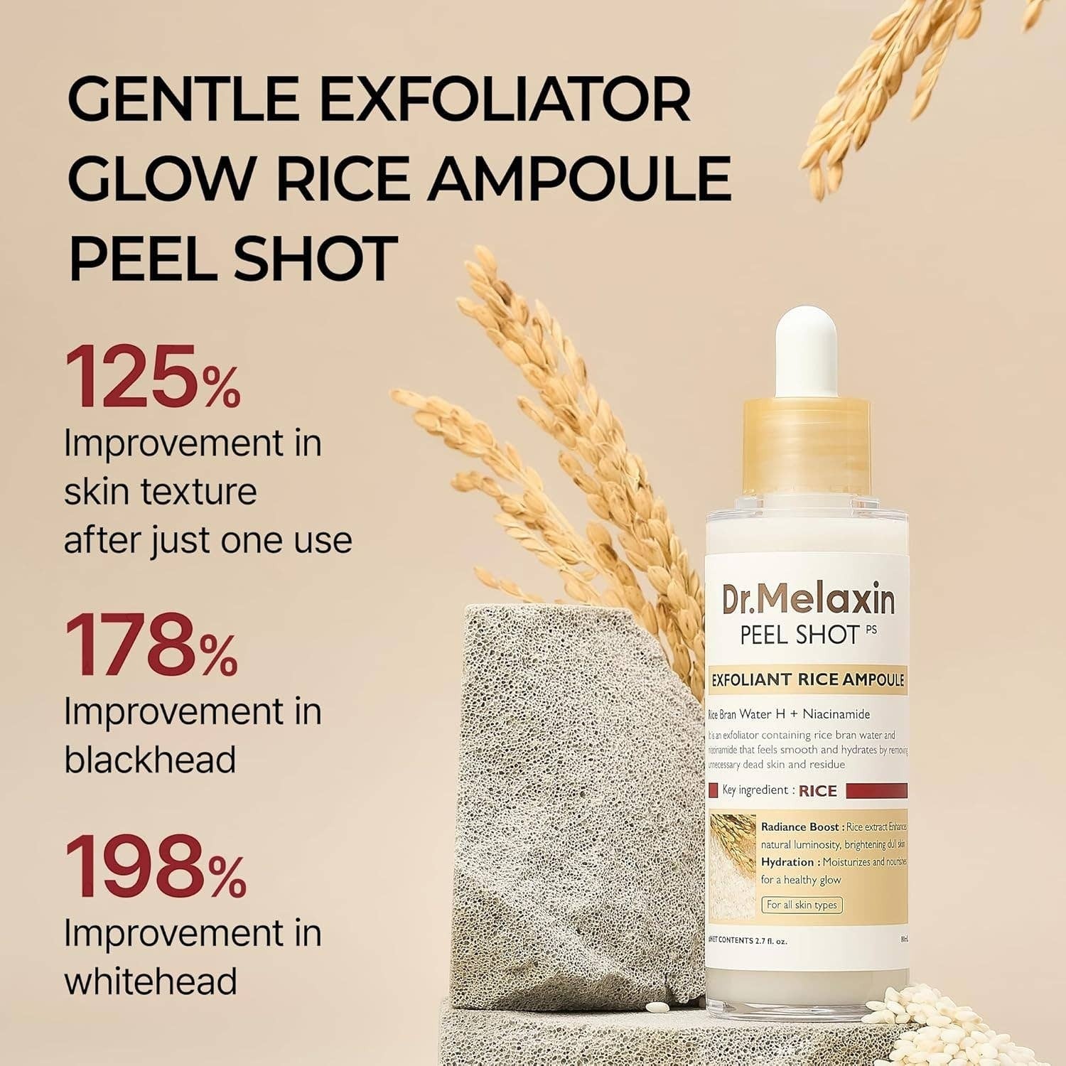 Doodlations Coffee Bar & Boutique Dr. Melaxin Glow Rice Ampoule Peel Shot with niacinamide and rice extract for exfoliation and hydration.