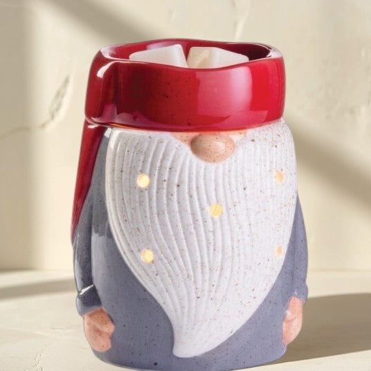 Doodlations Coffee Bar & Boutique gnome wax warmer with red hat, grey coat, and white beard with glowing accents.