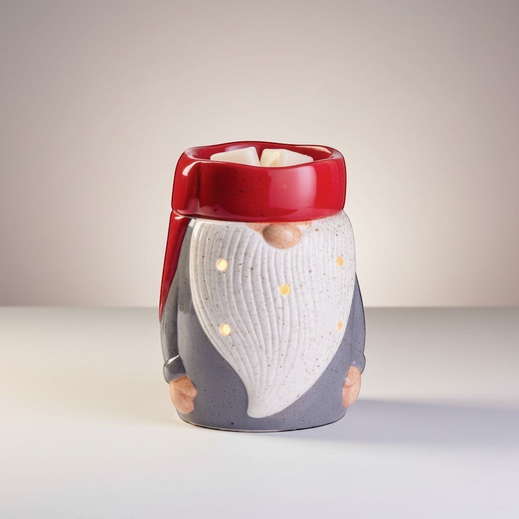 Doodlations Coffee Bar & Boutique gnome wax warmer with red hat, grey coat, and white beard with illuminated dots.