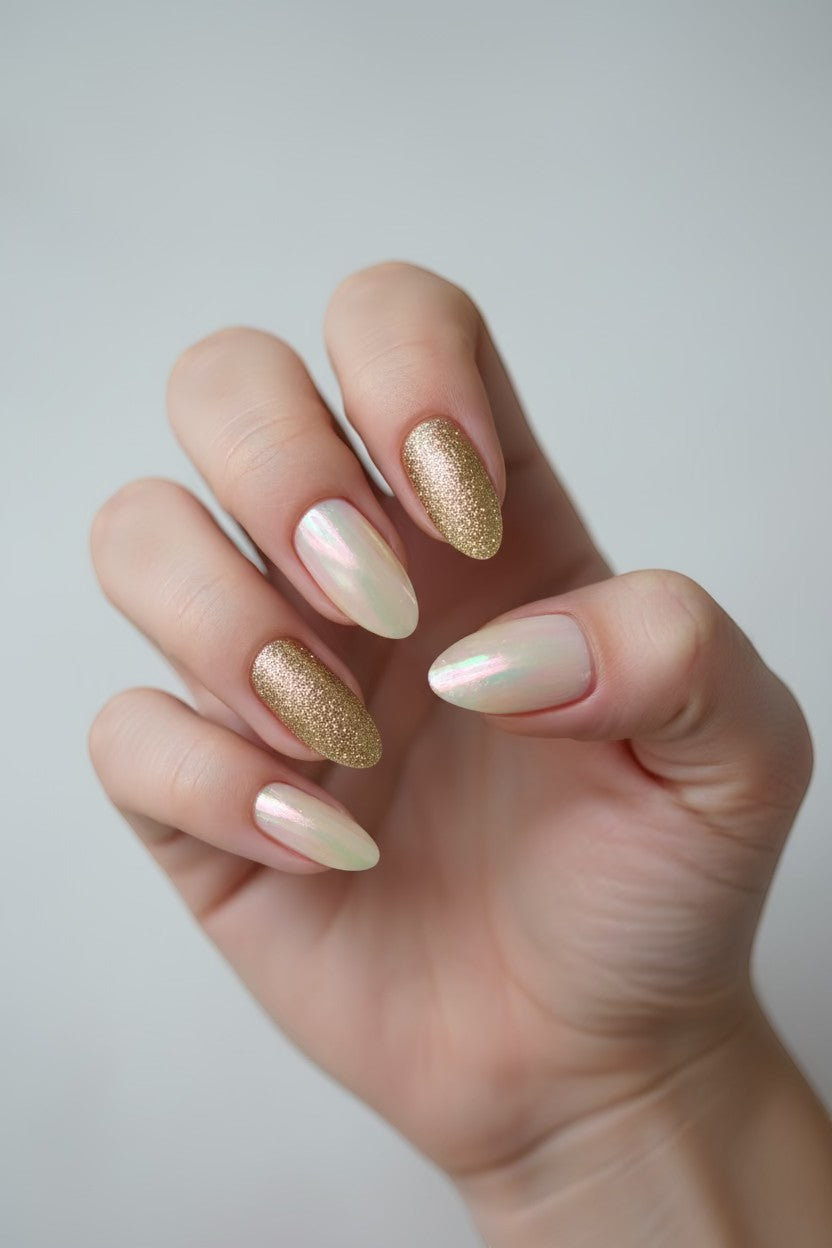Doodlations Coffee Bar & Boutique gold glitter and pearlescent almond press-on nails.