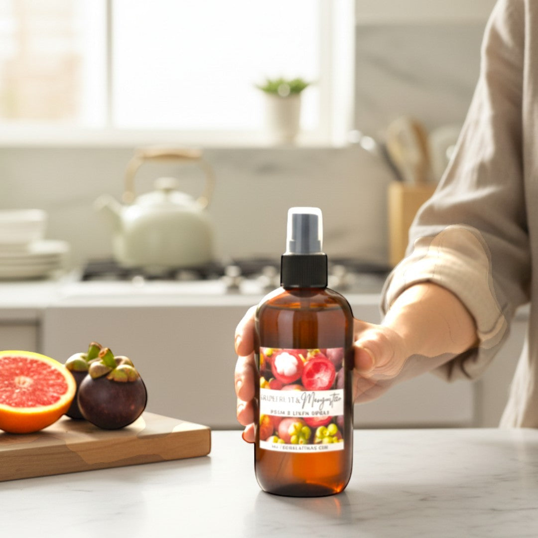 Doodlations Coffee Bar & Boutique Grapefruit Mangosteen room and linen spray in amber bottle with citrus and fruit imagery.